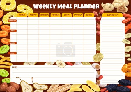 Illustration for Dried fruits weekly meal planner schedule. Vector timetable, week food plan organizer. Calendar menu with shopping list for grocery purchase. Diary template for personal dieting with dry fruity sweets - Royalty Free Image