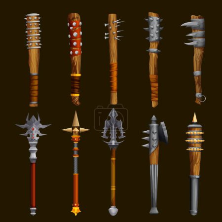 Illustration for Fantasy medieval club weapon game asset. Fairytale hammer, ancient bludgeon weapon RPG game inventory vector item. Magical war hatchet, fantasy wooden club with metal spikes and blades GUI icons - Royalty Free Image