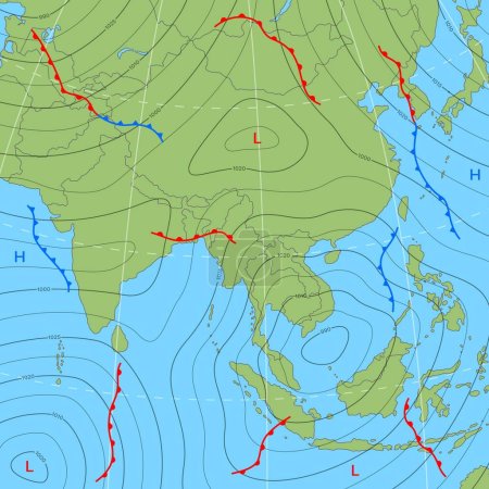 Ilustración de Pronóstico tiempo isobar mapa de Asia con frentes de viento y temperatura, fondo vectorial. Clima meteorológico y pronóstico del día isobar de Asia con diagramas de gráficos de ciclones fríos y cálidos - Imagen libre de derechos