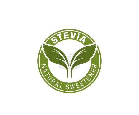 Illustration for Stevia sweetener leaves icon. Stevia product tag, natural food vector stamp. Healthy and natural food product green label or sticker. Stevia leaves extract sweetener icon or badge - Royalty Free Image