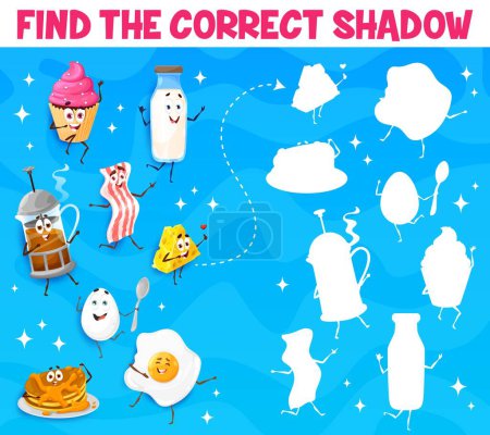 Illustration for Find the correct shadow of cartoon breakfast food characters. Shadow search quiz, matching puzzle vector worksheet with milk bottle, french press coffee and bacon, cheese, egg, pancake comic personage - Royalty Free Image