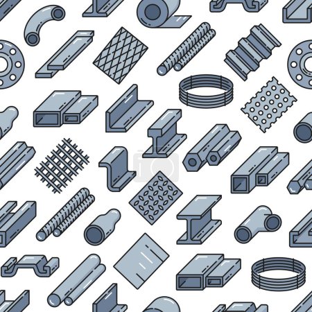 Illustration for Color steel and aluminum rolled metal, stainless profile seamless pattern. Construction and metallurgy industry metal bars, tubes and mesh on wrapping paper background, fabric or textile pattern - Royalty Free Image