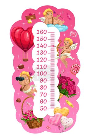 Ilustración de Tabla de altura para niños con cupidos y medidor de crecimiento de regalos. Escala de estadiómetro vectorial para medir la altura de los niños con divertidos personajes de amor de dibujos animados, ramos de flores, globos aerostáticos y dulces - Imagen libre de derechos