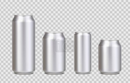 Illustration for Realistic beer, soda aluminium cans, drink silver mockups. Carbonated beverage packaging 3d mockup, alcohol or energy drink realistic vector aluminium containers, beer cans template - Royalty Free Image