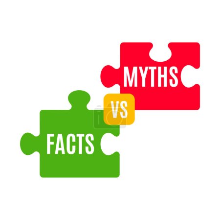 Illustration for Myths vs facts icon, truth and false vector badge with red and green jigsaw puzzle pieces. True or reality versus lie, fake or fiction isolated symbol, fact checking, fake news or myth busting themes - Royalty Free Image