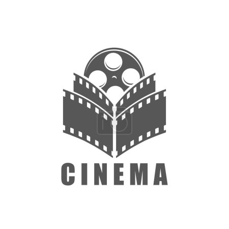 Illustration for Movie cinema icon. Cinematography industry, movie theater or television production monochrome vector symbol, vintage emblem or sign with 35 mm celluloid film reel and strip - Royalty Free Image