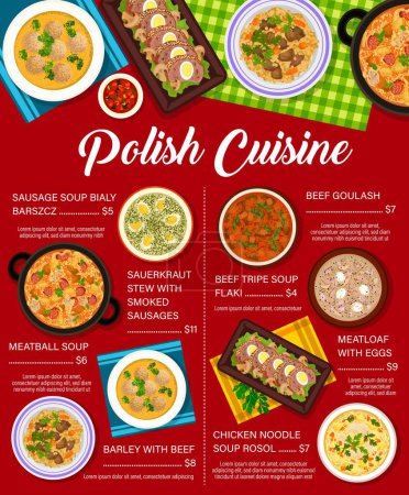 Illustration for Polish cuisine menu, restaurant lunch or dinner dishes, vector food of Poland. Traditional Polish cuisine food, gourmet dishes of beef goulash, sauerkraut stew with smoked sausages and meatball soup - Royalty Free Image