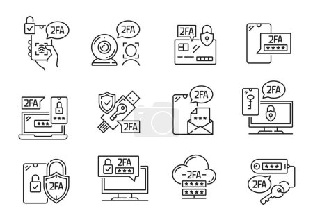 Two factor verification icons, 2FA password in mobile phone sms login, vector codes. 2 step authentication on computer or laptop to verify access security via smartphone for user privacy, line icons