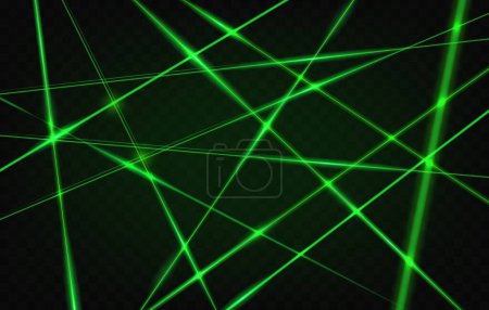 Ilustración de Rayos de luz verde láser cruzados sobre fondo negro, efecto de líneas de brillo de neón vectorial. Rayos láser verdes y rayos de energía, luces láser futuristas del escáner tecnológico y brilla en la galaxia espacial oscura - Imagen libre de derechos