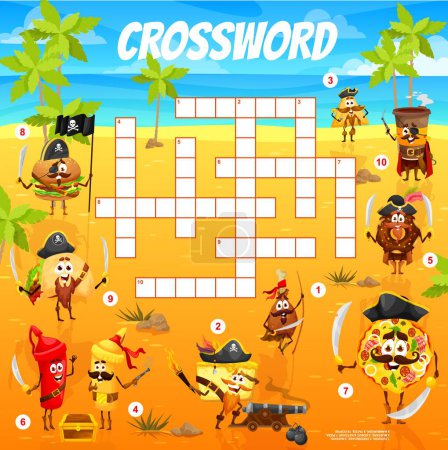 Illustration for Crossword grid cartoon captain and pirates fastfood characters on treasure island quiz game. Vector worksheet with chicken drumstick, cheesecake, nachos and mustard. Donut, ketchup, pizza or burger - Royalty Free Image