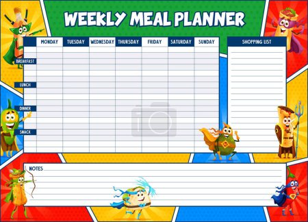 Illustration for Weekly meal planner superhero mexican tex mex food characters. Vector timetable, week food plan organizer template with tequila, jalapeno, enchiladas, burrito, tacos and avocado comics personages - Royalty Free Image