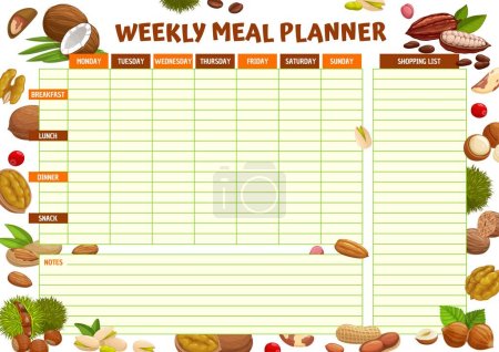 Illustration for Weekly meal planner schedule. Cartoon nuts. Diet menu planner, meal shopping list or timetable with fresh coconut, walnut, almond and pistachio, peanut, hazelnut and pecan, cocoa, macadamia, chestnut - Royalty Free Image