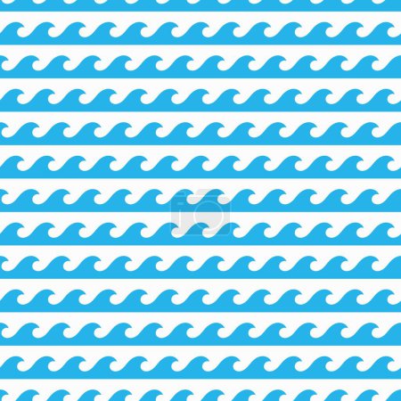 Téléchargez les illustrations : Océan bleu et vagues de mer motif sans couture. Rayures marines vectorielles sur fond blanc. Décor pour papier d'emballage, papier peint ou textile, ornement décoratif monochrome dans un style rétro nautique simple - en licence libre de droit