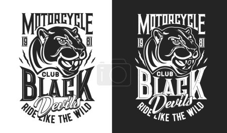 Illustration for Black puma mascot, biker and motorcycle club t-shirt print, vector sport racing emblem. Motocross or bike races and speedway sport club mascot of puma or cougar panther for chopper riders club sign - Royalty Free Image