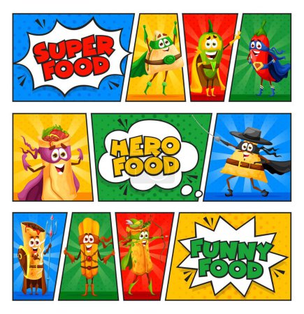 Ilustración de Comics retro dibujos animados mexicanos comida superhéroe y personajes defensores. Vector super héroe divertido tex mex comida personajes nachos, jalapeño, enchiladas o burrito con churros en medio tono punteado fondo - Imagen libre de derechos