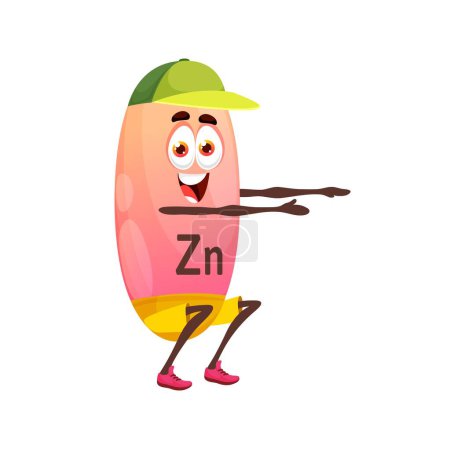 Illustration for Cartoon zinc or zincus character doing squats. Isolated vector funny Zn micronutrient squatting in gym. Vitamin personage capsule fitness exercises, food supplement, chemical element healthy lifestyle - Royalty Free Image