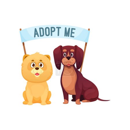 Illustration for Adopt dog, pet animals adoption sign, homeless dogs and puppy rescue shelter vector emblem. Adopt dog icon with funny cartoon smiling dogs and banner flag - Royalty Free Image
