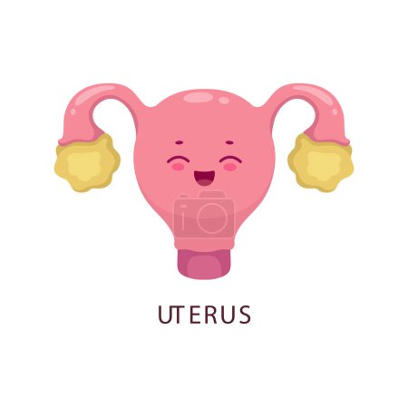 Illustration for Cartoon uterus human bogy organ character. Female reproductive system part, human body anatomy and biology, internal organ cute vector character, isolated uterus cheerful personage or icon - Royalty Free Image