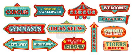 Circus carnival signs, retro arrow banners and vintage labels. Vector marquee signboards with fun fair top tents, stars and light bulbs. Circus show, party, chapiteau or funfair festival welcome signs