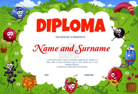 Illustration for Kids diploma, cartoon cheerful berry characters on summer vacation. Vector education certificate, award, diploma or gift with cranberry, currant and raspberry, blueberry and honeyberry personages - Royalty Free Image