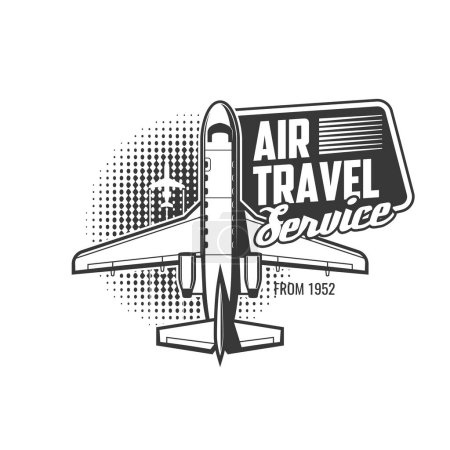Illustration for Air travel service icon, airplane tours and flights, aviation. Air plane travel or airlines and civil aviation private jets rental, pilots club and aviators adventure trips vector badge - Royalty Free Image