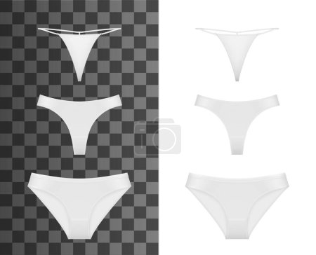 Illustration for Woman panties. Realistic clothes, adult woman underwear, sexy and intimate lingerie, girl clothing 3d vector mockup. Isolated white strings, textile bikini and silk thongs - Royalty Free Image