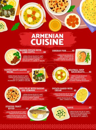 Téléchargez les illustrations : Menu de cuisine arménienne avec plats et repas d'Arménie, affiche vectorielle. Menu de restaurant de cuisine arménienne avec pilaf de riz traditionnel, poisson ishkahn et pomme de terre cuit à la crème, soupe de boulettes de viande kololikgata - en licence libre de droit
