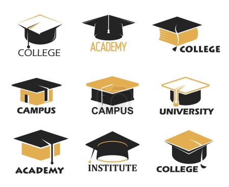 Illustration for Student graduate cap hat. College and high school education vector icons. University campus, academy or institute faculty minimal symbols or pictograms with graduation caps - Royalty Free Image