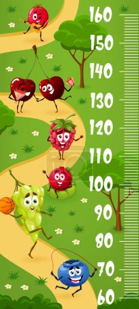 Illustration for Cartoon berry character on summer walk. Kids height chart, child height ruler or growth meter vector wall poster with blueberry, grape and cowberry, raspberry, cherry funny personages walking in park - Royalty Free Image