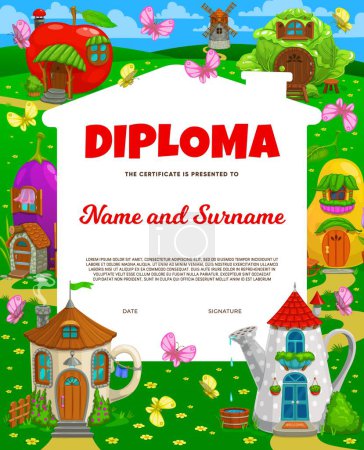 Illustration for Kids diploma, fairy magic houses and elf village town dwellings, vector education certificate. School or kindergarten diploma award with cartoon fairy tale houses of teapot, apple and watering can - Royalty Free Image
