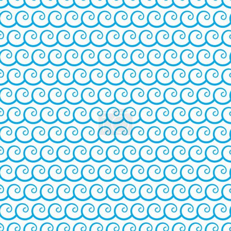 Téléchargez les illustrations : Océan bleu et vagues de mer motif sans couture. Ornement nautique vectoriel avec vagues d'eau bouclées. Conception abstraite de toile de fond marine avec texture répétitive de rivière pour textile, papier d'emballage ou tissu - en licence libre de droit