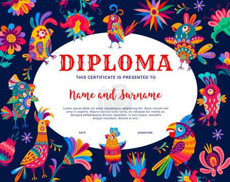 Illustration for Kids diploma, bright Brazilian and Mexican parrot birds, vector education certificate award. School or kindergarten appreciation diploma frame with colorful tropical parrot birds and flowers - Royalty Free Image