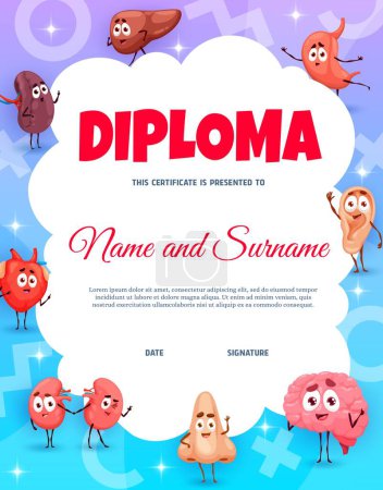 Illustration for Kids diploma of young doctor, cartoon funny human body organs, vector school or kindergarten certificate template. Brain, heart and liver with nose and ear for medical classes diploma - Royalty Free Image