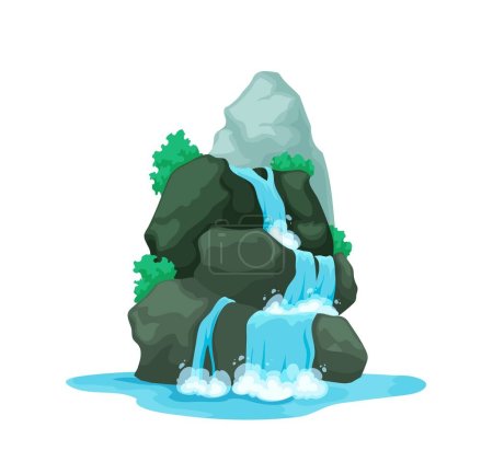 Illustration for Cartoon waterfall and water cascade, nature landscape of mountain river. Isolated vector waterfall cascade on tropical island rock or forest lake with falling water, game GUI - Royalty Free Image