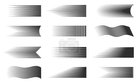 Ilustración de Líneas de movimiento de velocidad o efecto de rayos de flash rápido, patrón de líneas negras vectoriales. Velocidad de movimiento o ráfaga de flash líneas onduladas, energía y tecnología de energía explosiones y tiras de onda lineal - Imagen libre de derechos