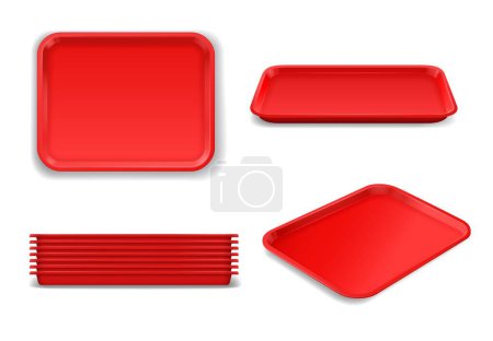 Illustration for Red plastic tray mockup for lunch food. Isolated rectangle realistic plastic salver. Fast food restaurant, kitchen or canteen cooking and meal serving 3d vector dishware, utensil or kitchenware - Royalty Free Image