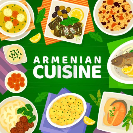 Illustration for Armenian cuisine menu cover, restaurant food dishes for lunch and dinner, vector. Armenian cuisine meals menu with rice pilaf and dolma, meatball soup kololikgata and potato baked with cream - Royalty Free Image