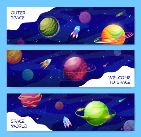 Illustration for Space landscape banners, starry galaxy planets and spaceships. Extraterrestrial expedition adventure, mission. Spacecrafts in universe cartoon vector cards with rockets and asteroids, kids bookmarks - Royalty Free Image