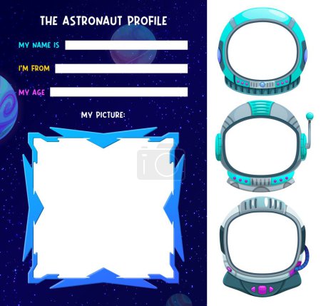 Illustration for Astronaut profile form, questionnaire. Photo booth. Vector template with cosmonaut helmets, photo frame and line for personal information, name, age and address. Game or adventure list or blank - Royalty Free Image