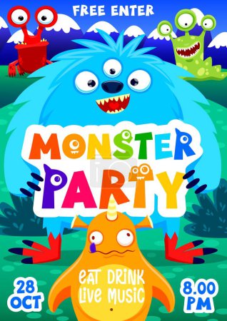 Illustration for Cartoon monster party flyer. Funny monster characters. Vector promo poster, invite card for event, holiday invitation placard with cute fairy tale beasts, fluffy yeti, snail or crab alien personages - Royalty Free Image