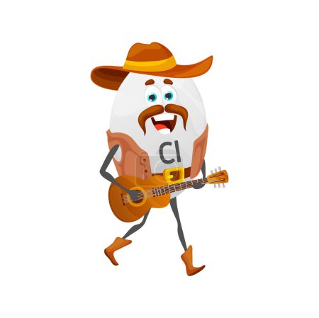 Téléchargez les illustrations : Cartoon chlore cowboy micronutriments caractère avec guitare. Drôle de personnage vecteur cowpuncher. Le revendeur porte un gilet en cuir et un chapeau chantant des chansons country. Wild west texas héros - en licence libre de droit