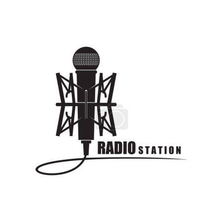 Illustration for Online radio station icon. Web broadcasting channel emblem or symbol, live radio station vector sign or monochrome icon. Online broadcasting station, vintage microphone - Royalty Free Image