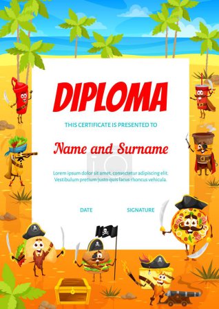 Illustration for Kids diploma. Cartoon captain and pirates fastfood characters on treasure island. Child education achievement, vector certificate with pizza, burger, nachos and cake, soda and coffee funny personages - Royalty Free Image