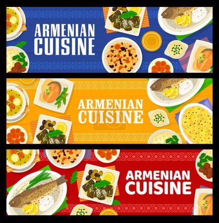 Ilustración de Banderas de cocina armenia, platos de comida tradicional de almuerzo y cena, vector. Comidas de restaurante armenio con arroz pilaf, puré de papas con cordero kofta y sopa de truchas rellenas o albóndigas - Imagen libre de derechos