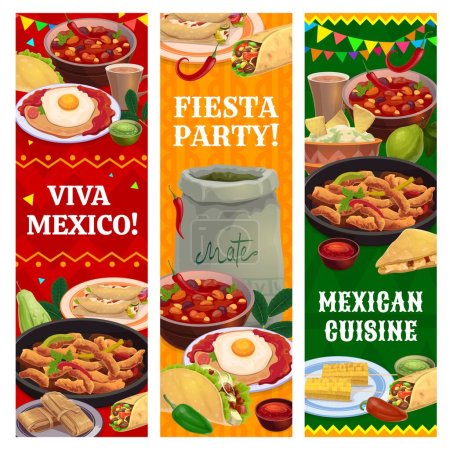 Illustration for Mexican cuisine meals, drinks, fruits and snacks vertical banners. Tex Mex fast food, Mexico restaurant menu meals and fiesta party vector background with fajitas, tacos and burrito, tamales, mate tea - Royalty Free Image