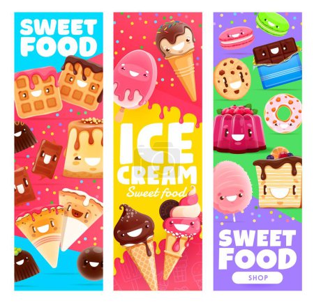 Ilustración de Personajes de helados, panadería y caricaturas de postres. Banderas vectoriales con chocolate lindo, oblea, algodón de caramelo, toffee o pastel con gelatina, pudín y pastel o pastel de queso. Donut Kawaii, galleta y macarrón - Imagen libre de derechos