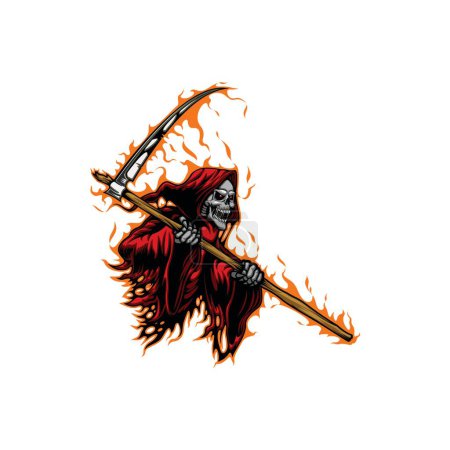 Illustration for Death with scythe. Halloween horror character, scary Grim Reaper sticker, isolated vector spooky death skeleton with saliva on sharp teeth, wearing flaming red fire cape and holding scythe - Royalty Free Image