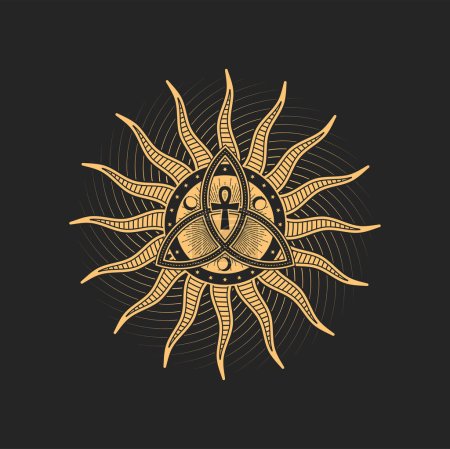 Illustration for Triquetra, crescents and ankh cross inside of sun with radiant rays esoteric occult pentagram, magic tarot sign. Vector golden sacred emblem with egyptian and celtic spiritual symbolic - Royalty Free Image