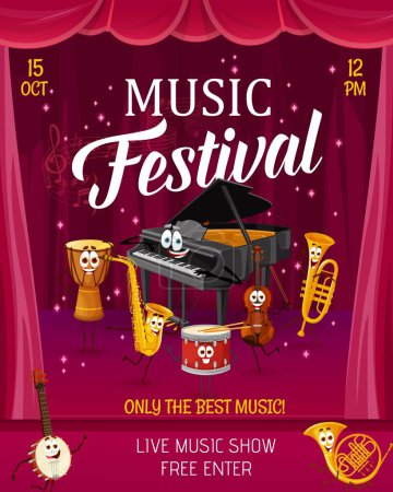 Illustration for Music festival party flyer, cartoon musical instrument characters on stage. Vector poster with funny grand piano, jembe drum, trumpet and french horn. Violin, banjo and saxophone artist personages - Royalty Free Image