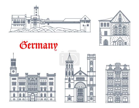 Illustration for Germany, Zittau, Eisenach Wartburg buildings, vector architecture. German Saxony and Thuringia travel landmarks of Noacksches Haus palace, castle, Predigerkirche and Johanneskirche Church of St John - Royalty Free Image